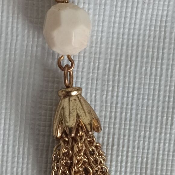 Express Gold Toned & White Alternating Beaded Tassel Pendant Statement Necklace - Picture 3 of 12